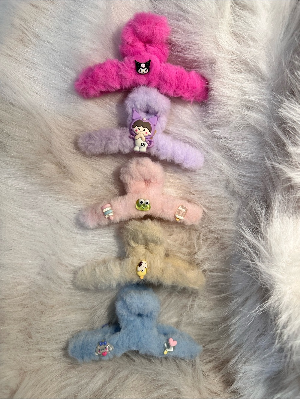 Set of 5 Fuzzy Cartoon Hair Clips - Pink, Lilac, Peach, Beige, Blue